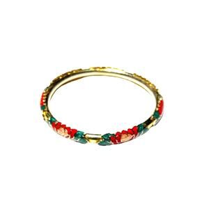 Vintage Gold Tone Floral Enamel Bangle Red Rose Motif Ornate Garden Bracelet EUC